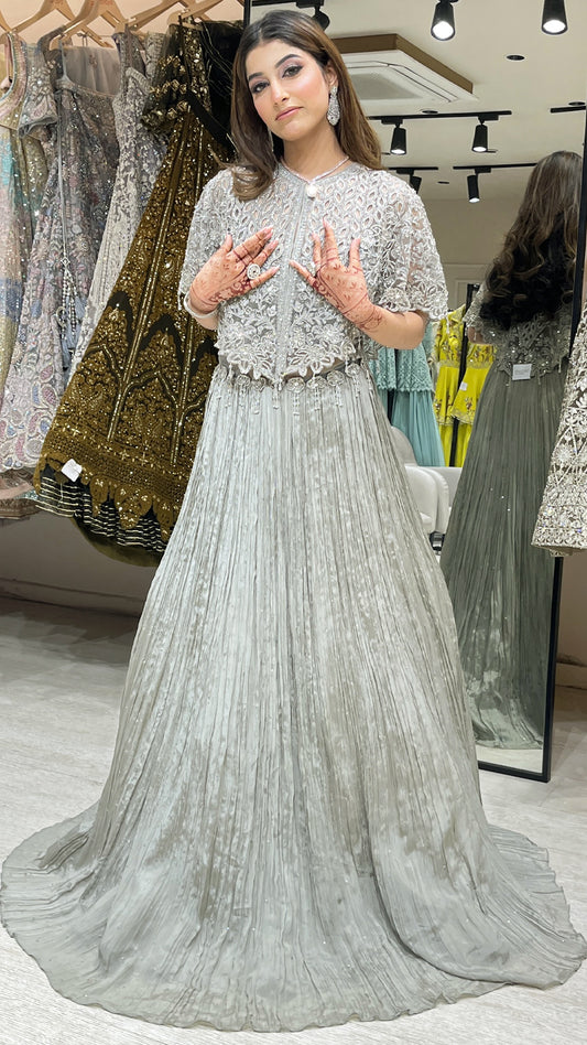 Dark silver gown with pearl & zari work on Cape in chinon