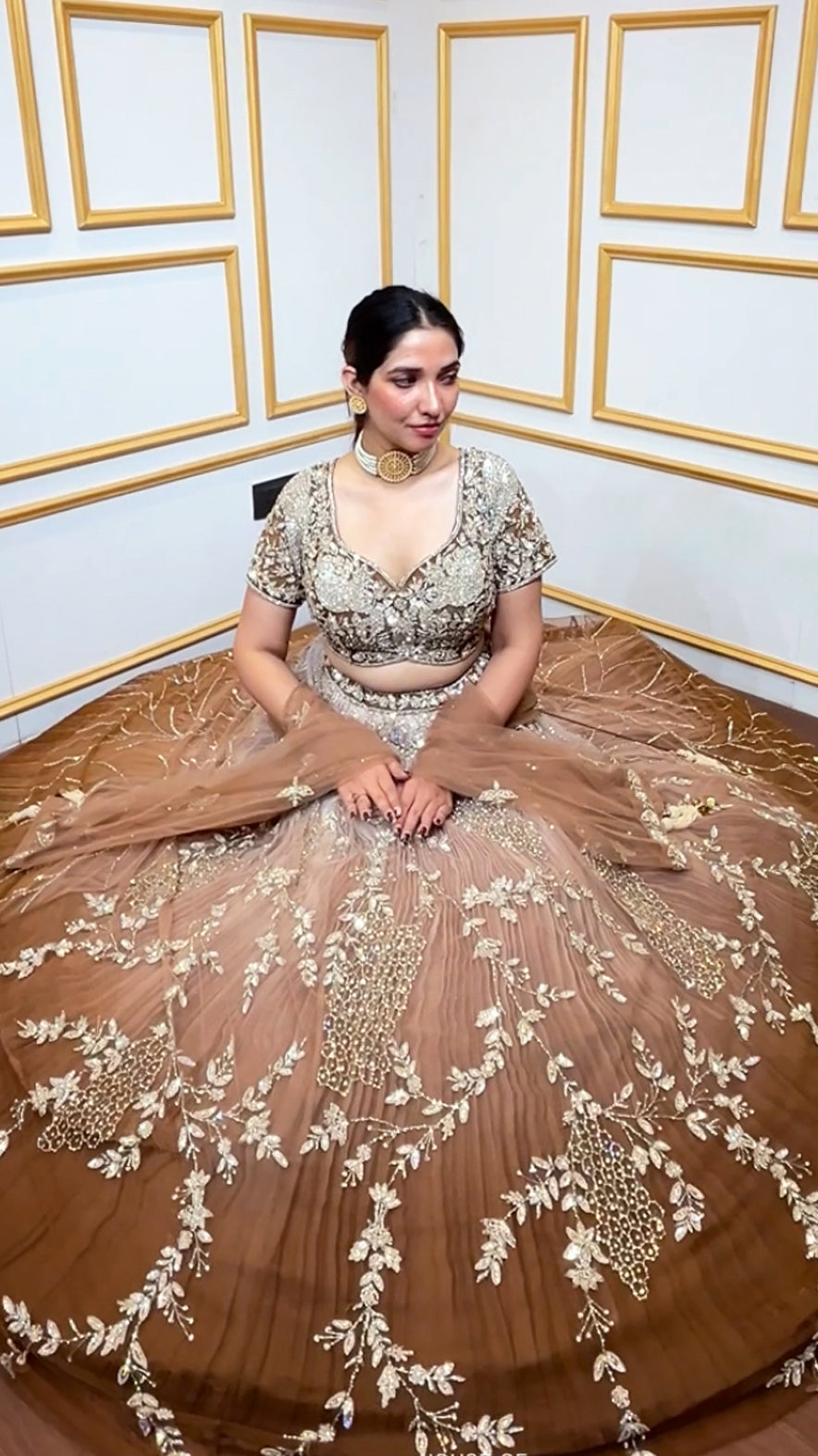 Brown ombre lehenga with zarkan & sequins work on net choli and four side border dupatta