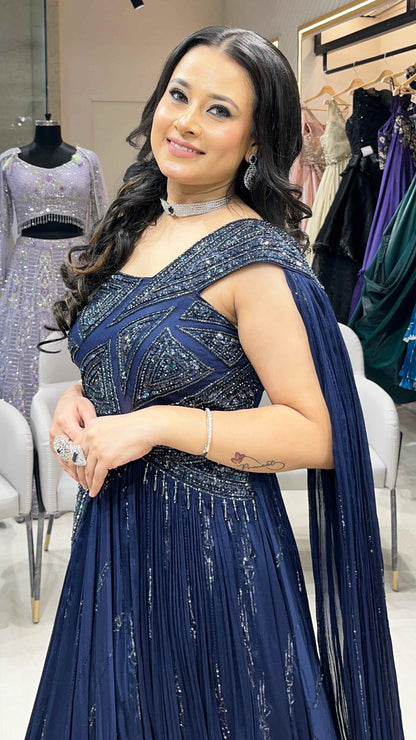 Chinon dress with sequins & thread in navy blue