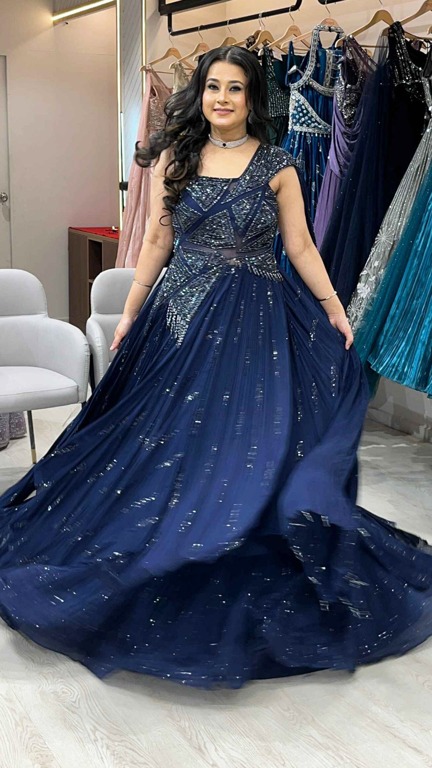 Chinon dress with sequins & thread in navy blue