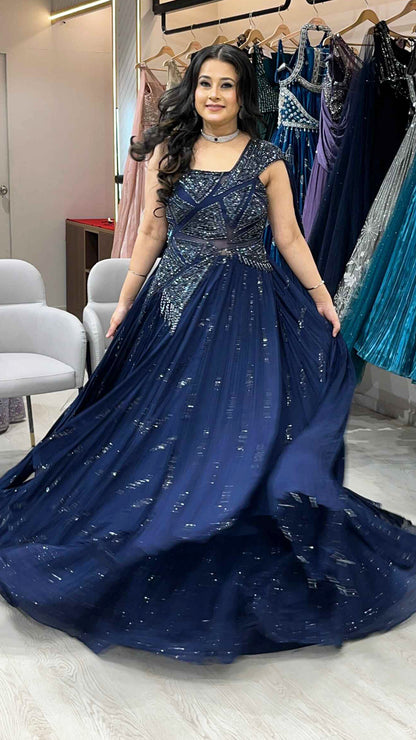 Chinon dress with sequins & thread in navy blue