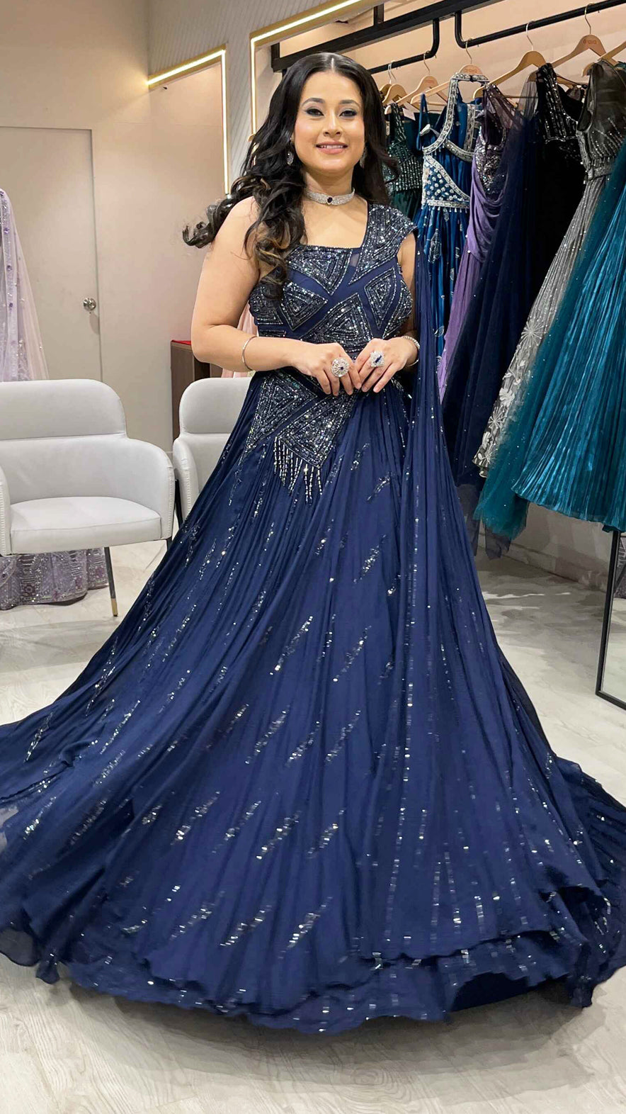 Chinon dress with sequins & thread in navy blue