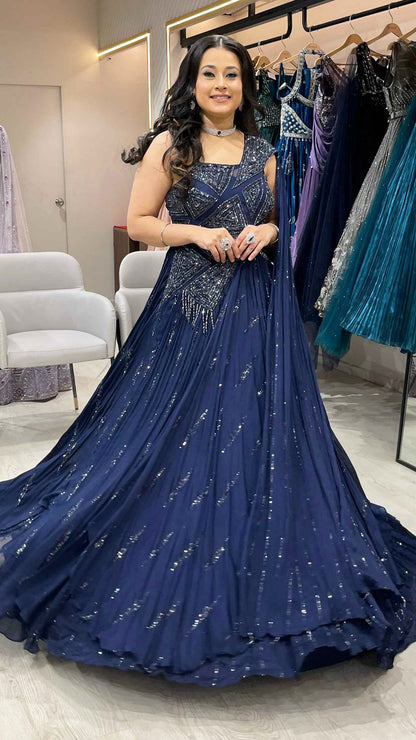 Chinon dress with sequins & thread in navy blue