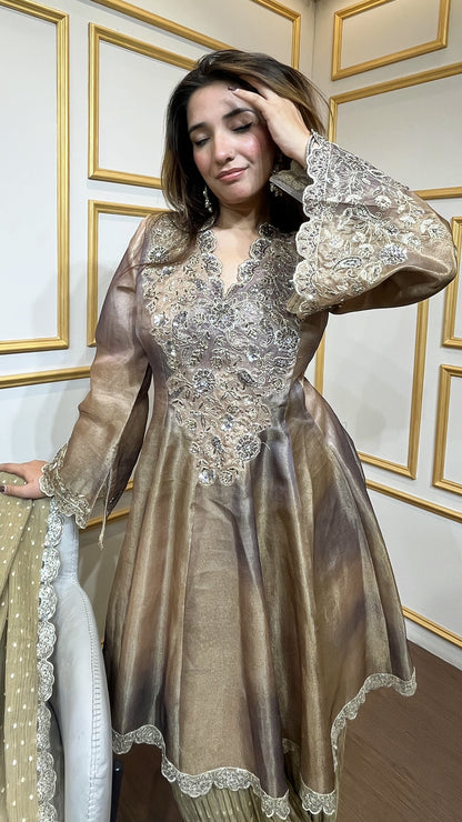 Copper tie dye pakistani sharara suit with sequins & cut dana work along with wrinkled chinon pants