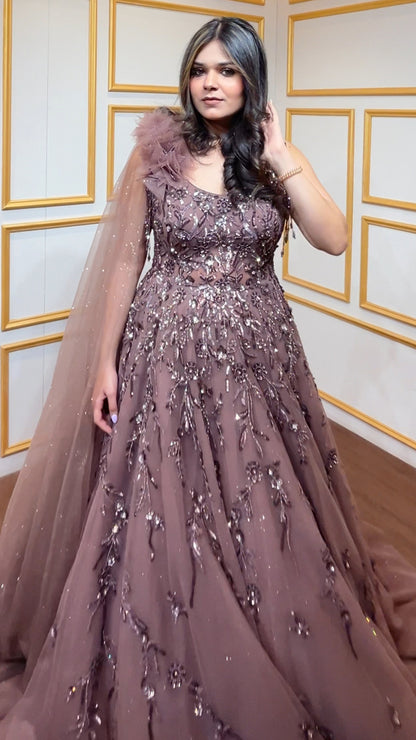Sequins & crystal work on copper brown net engagement gown
