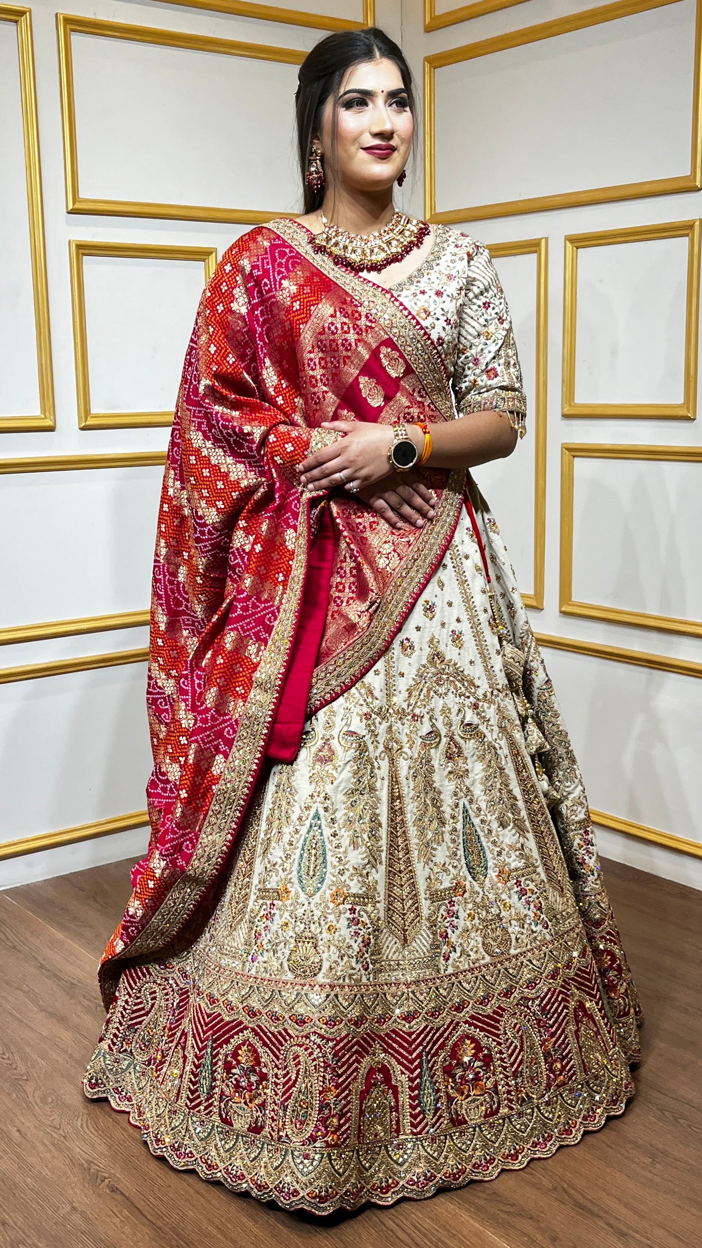 Zari & zarkan work on rawsilk lehenga with bandhej dupatta