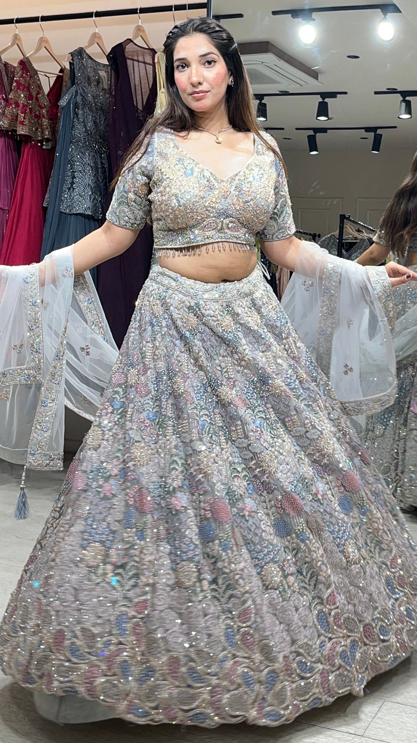 Ash grey lehenga with multicolor pearl & cut dana work on net