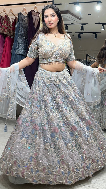 Ash grey lehenga with multicolor pearl & cut dana work on net