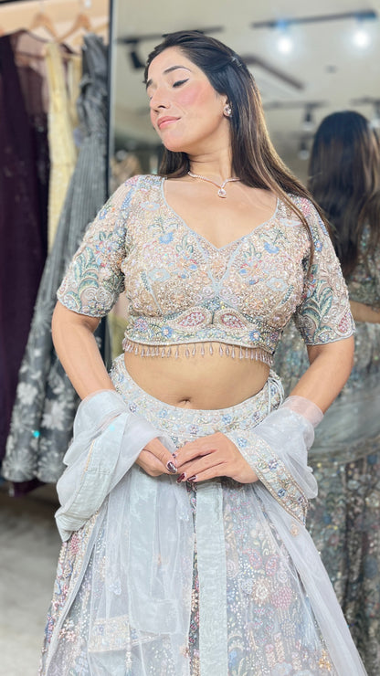 Ash grey lehenga with multicolor pearl & cut dana work on net
