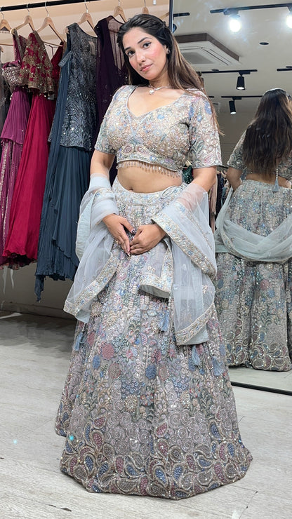 Ash grey lehenga with multicolor pearl & cut dana work on net