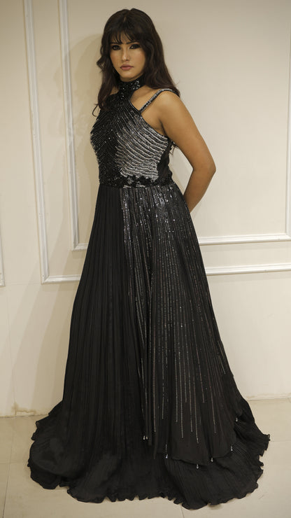 Pearl & sequins work on black chinon dress