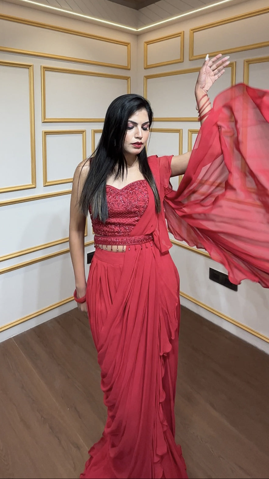 Georgette pre draped saree in rose red with cut dana & crystal