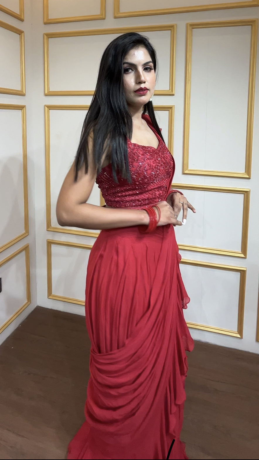Georgette pre draped saree in rose red with cut dana & crystal