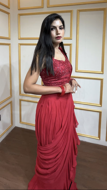 Georgette pre draped saree in rose red with cut dana & crystal