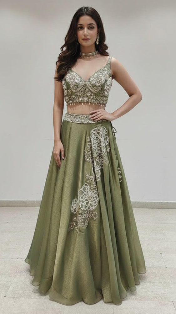 Moss green crop top lehenga with pearl & cut dana work on tissue