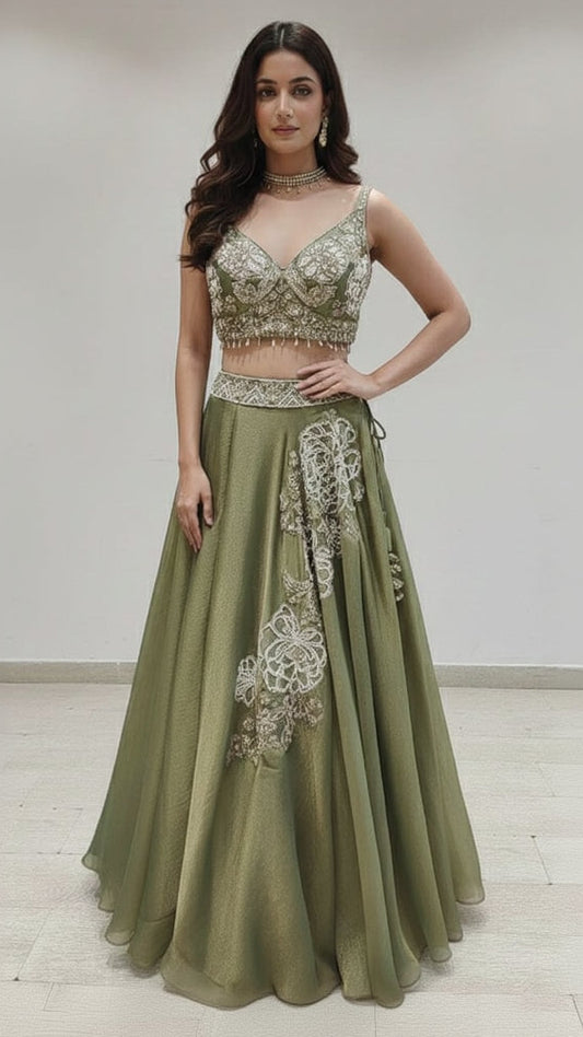 Moss green crop top lehenga with pearl & cut dana work on tissue