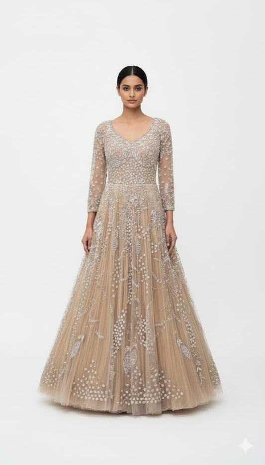 Champagne full sleeve engagement gown with sequins & zarkan on net