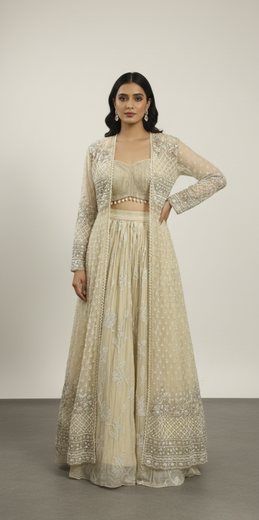 Tissue crepe crop top skirt with pearl & cut dana organza shrug in ivory cream