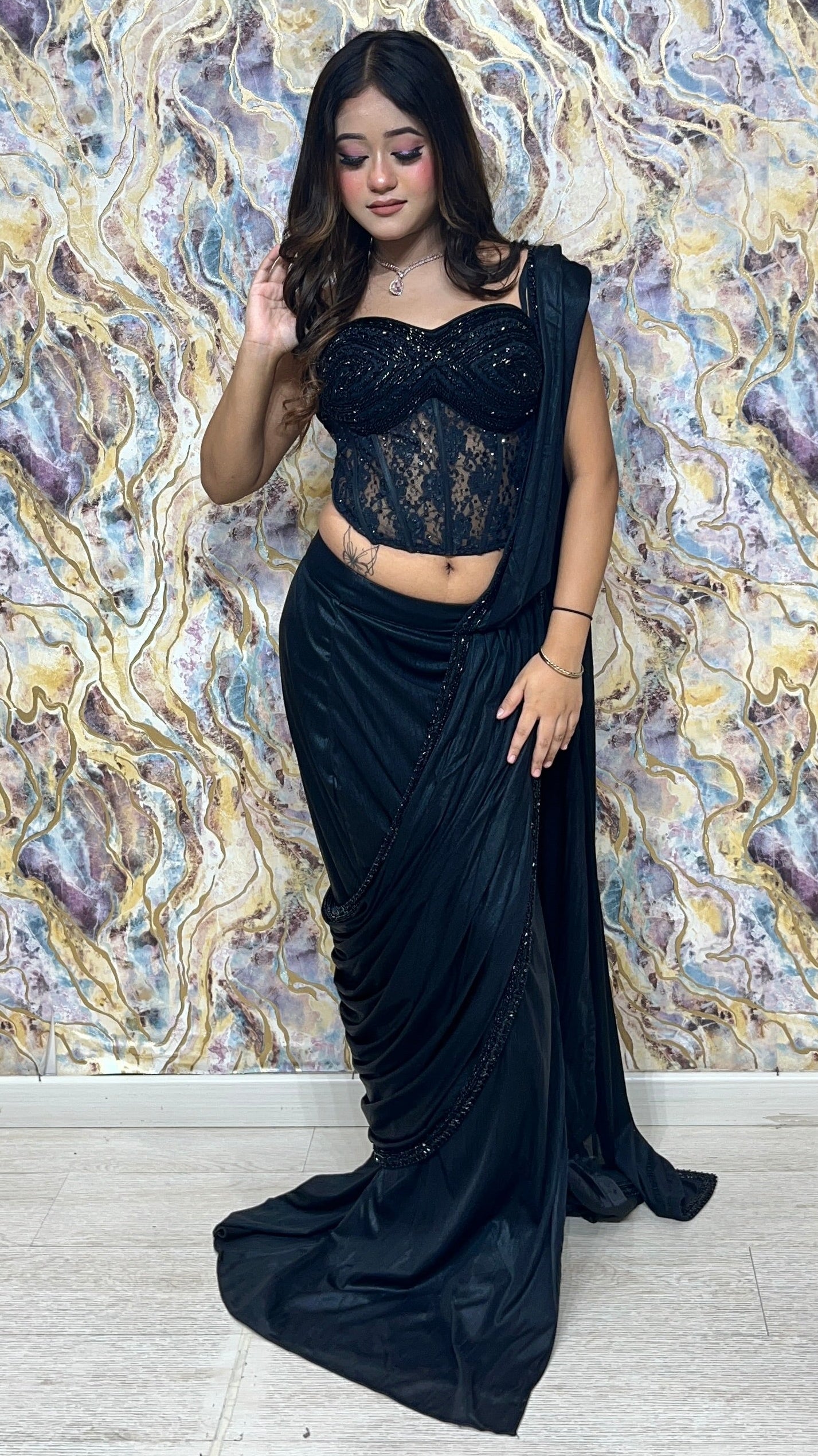 Black corset drape saree with cut dana & pearl work in imported lycra