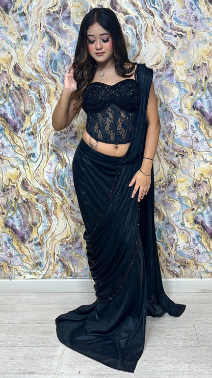 Black corset drape saree with cut dana & pearl work in imported lycra
