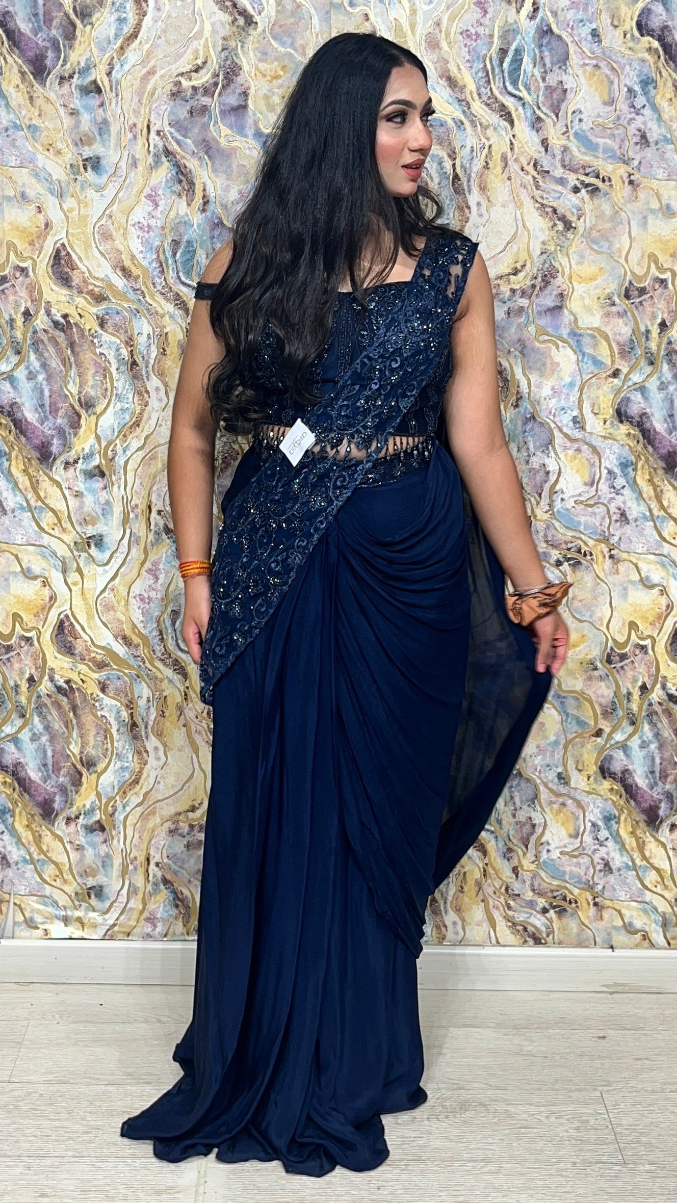 Midnight blue corset drape saare in chinon with cut dana & pearl work