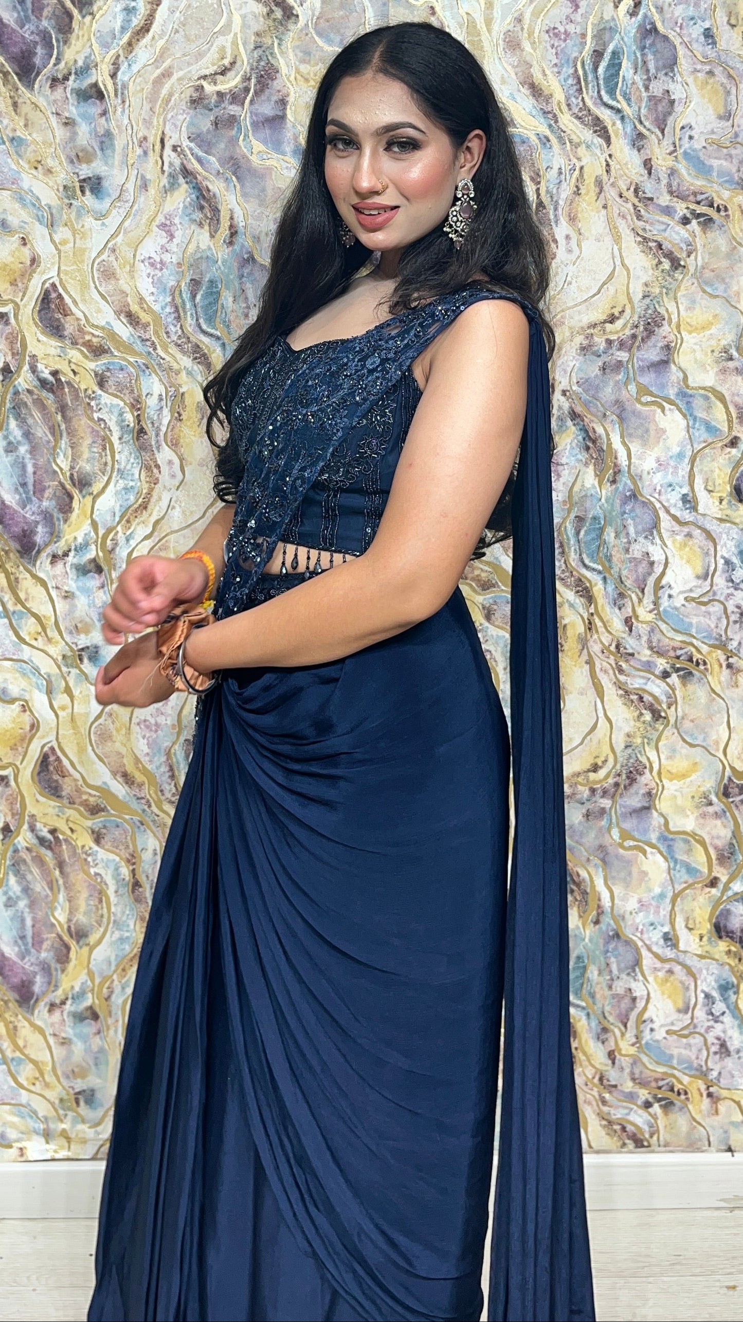 Midnight blue corset drape saare in chinon with cut dana & pearl work