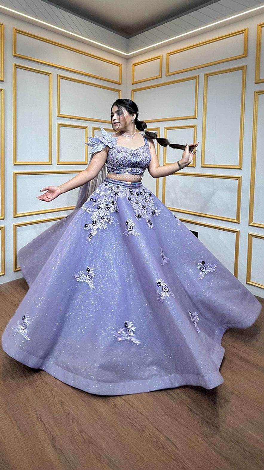Lavender ball lehenga with tube & pearl in net