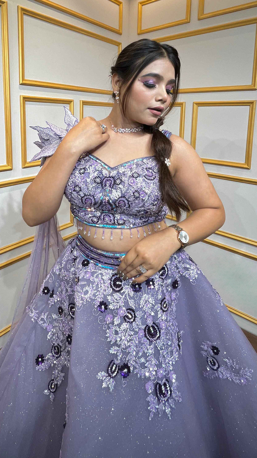 Lavender ball lehenga with tube & pearl in net