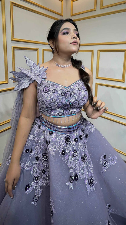 Lavender ball lehenga with tube & pearl in net