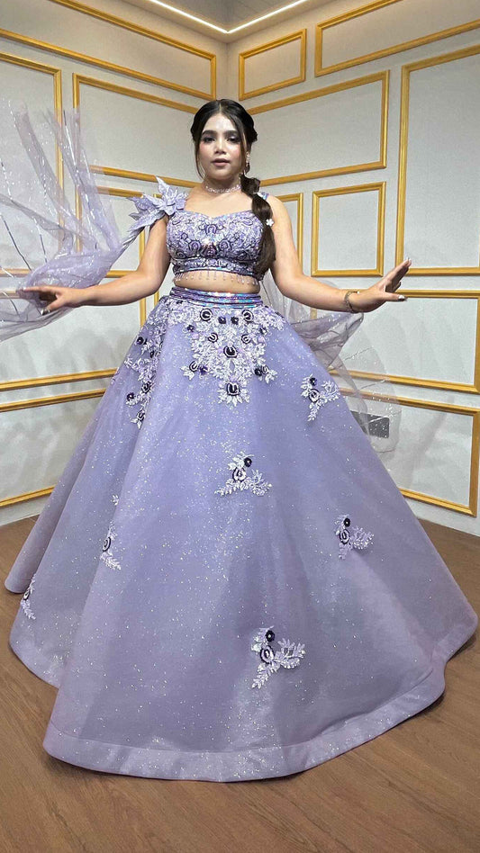 Lavender ball lehenga with tube & pearl in net