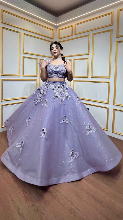 Lavender ball lehenga with tube & pearl in net