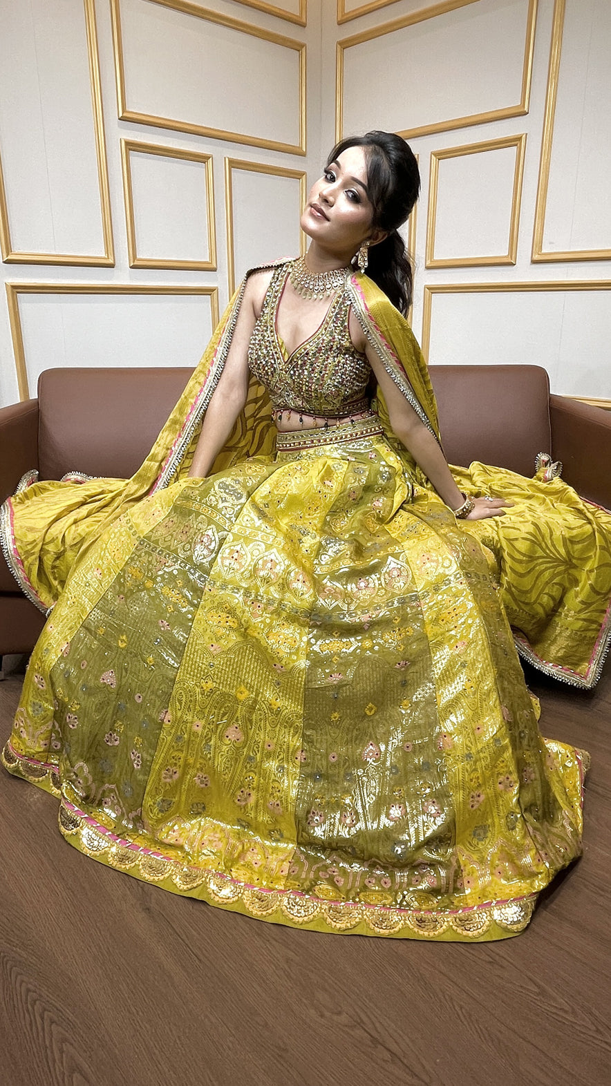 Mehendi green lehenga choli with mirror & pearl in brochet
