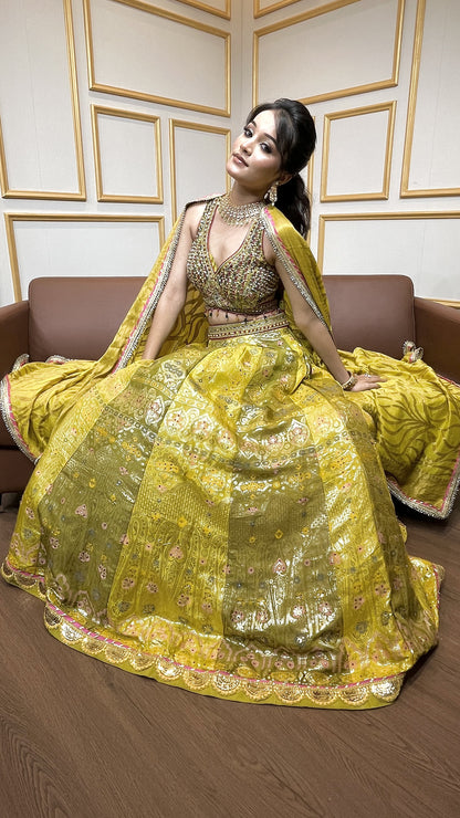 Mehendi green lehenga choli with mirror & pearl in brochet