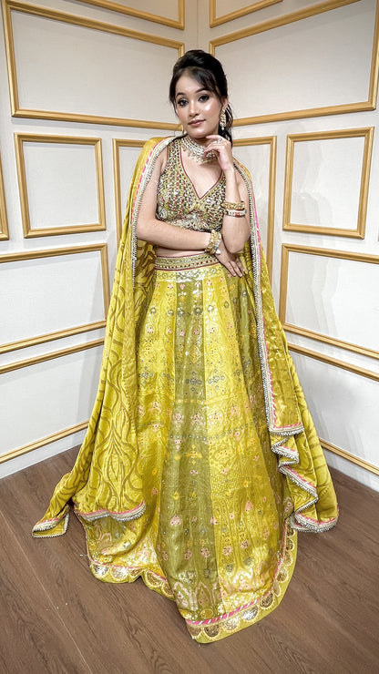 Mehendi green lehenga choli with mirror & pearl in brochet