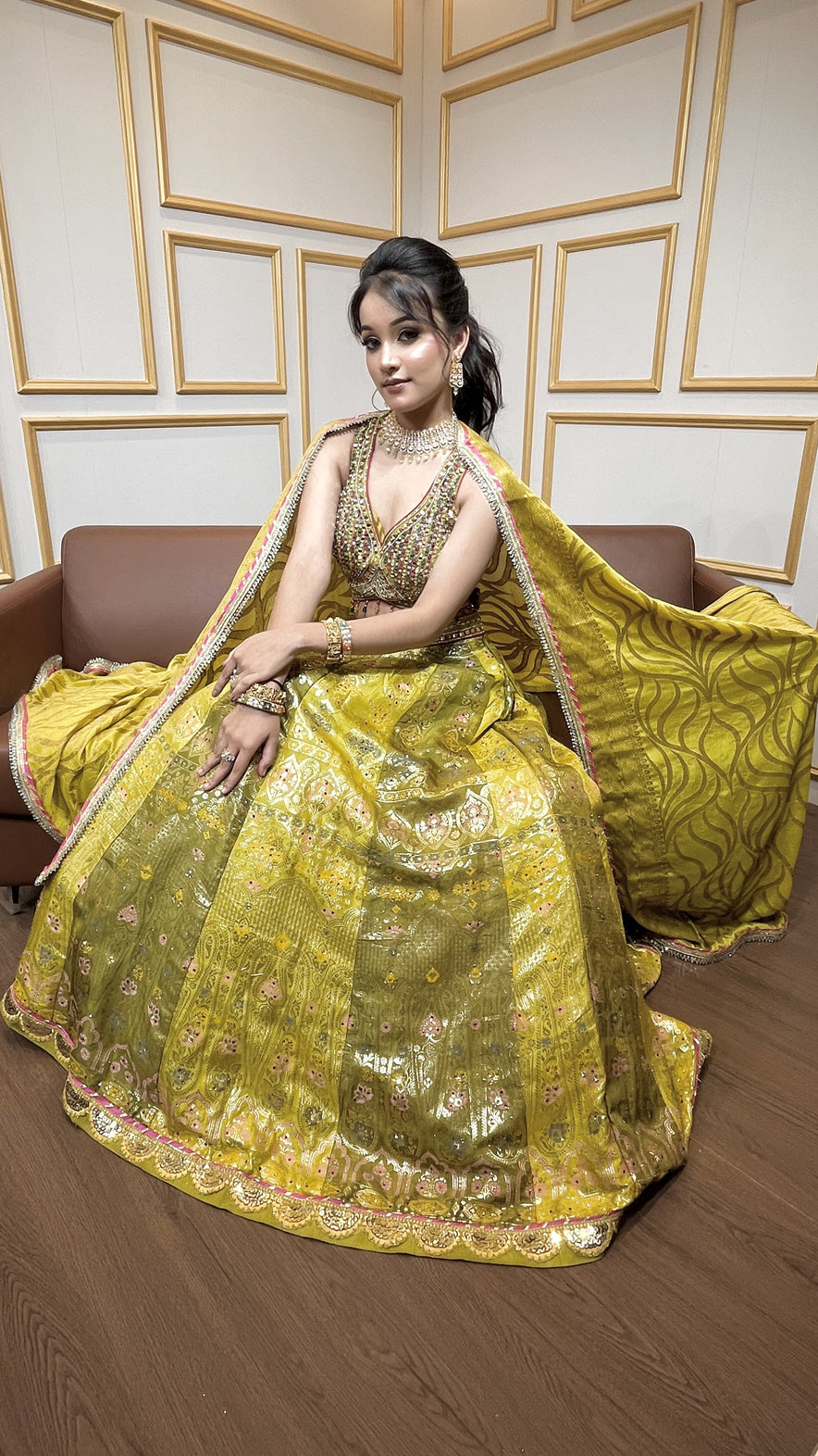 Mehendi green lehenga choli with mirror & pearl in brochet