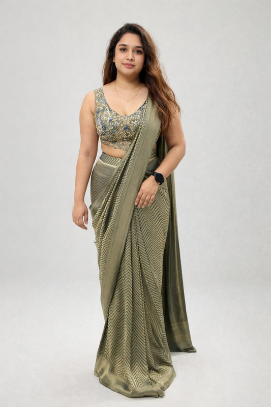 Teal raw silk pre draped saree with dabka & french knot work