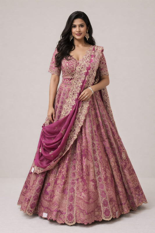 Zari & mirror work mauve banarsi lehenga with heavy four side border dupatta