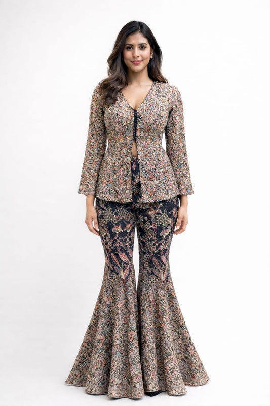 Navy blue zari & Zarkan work co-ord set on georgette