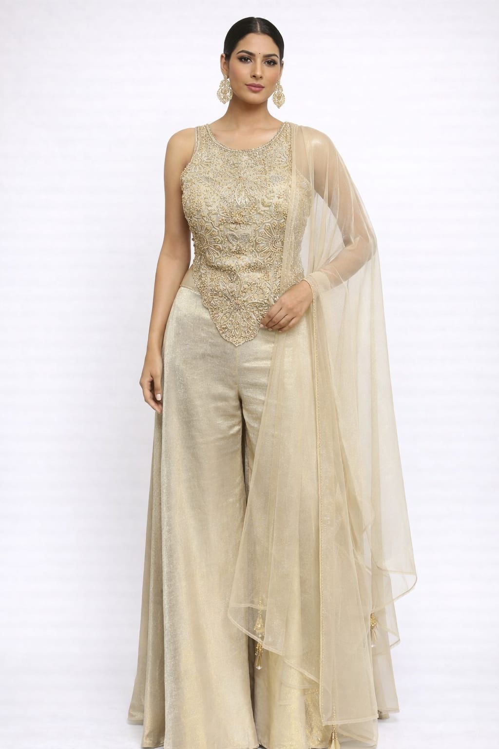 Champagne gold corset plazo with pearl & cut dana work on imported fabric