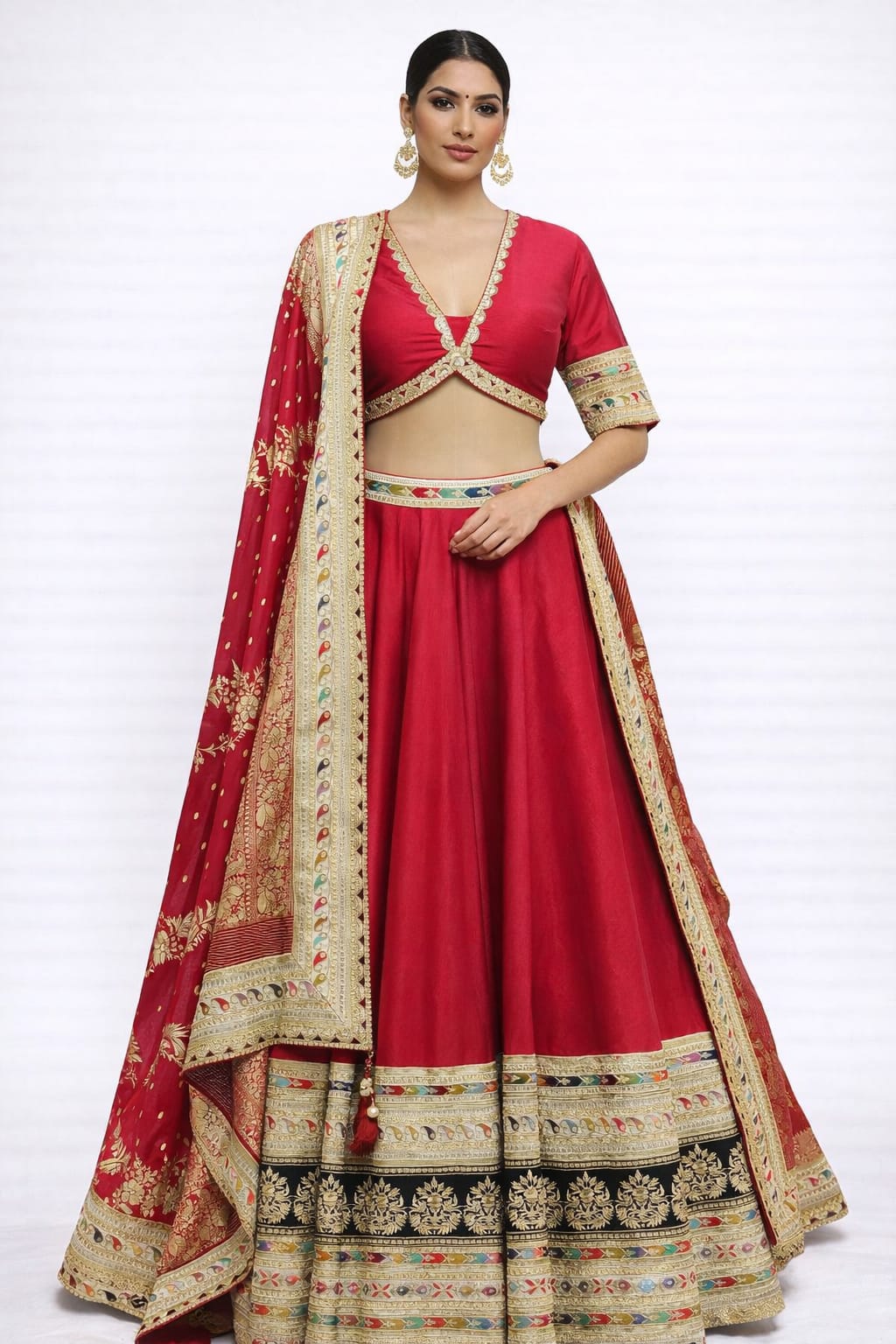 Raw silk cherry red lehenga with gota pati work