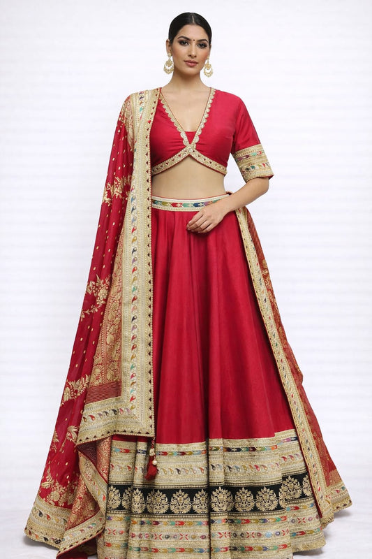 Raw silk cherry red lehenga with gota pati work
