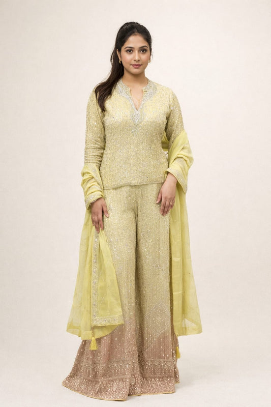 Lime georgette indo-western with zari & zarkan short kuti with plazo