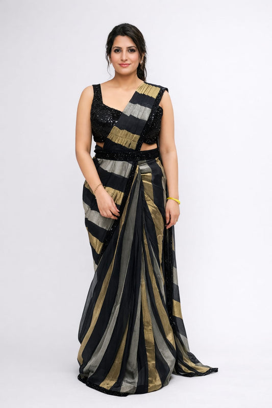Black organza pre drape saree with pearl & cut dana work