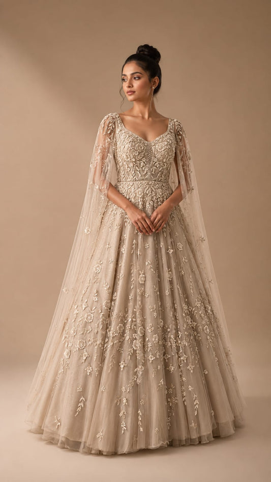 Golden engagement gown on net with intricate sequins & pearl work