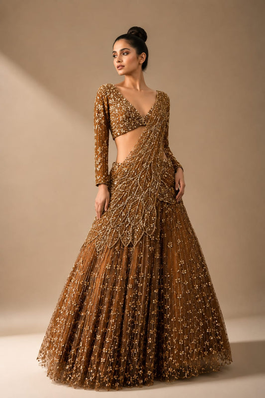 Net drape lehenga in deep gold with heavy sequins & zarkan work and designer blouse