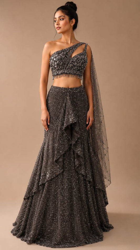 Heavily embellished espresso brown mermaid lehenga with asymmetrical blouse on net with pearl & zarkan work