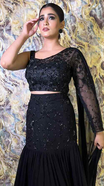 Black mermaid lehenga with sequence & cut dana in georgette