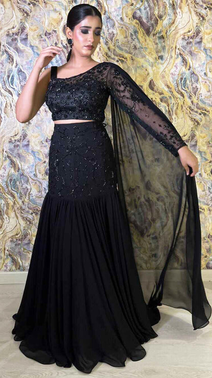 Black mermaid lehenga with sequence & cut dana in georgette
