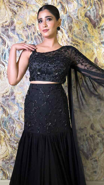 Black mermaid lehenga with sequence & cut dana in georgette