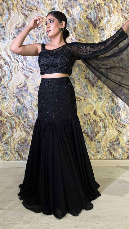 Black mermaid lehenga with sequence & cut dana in georgette